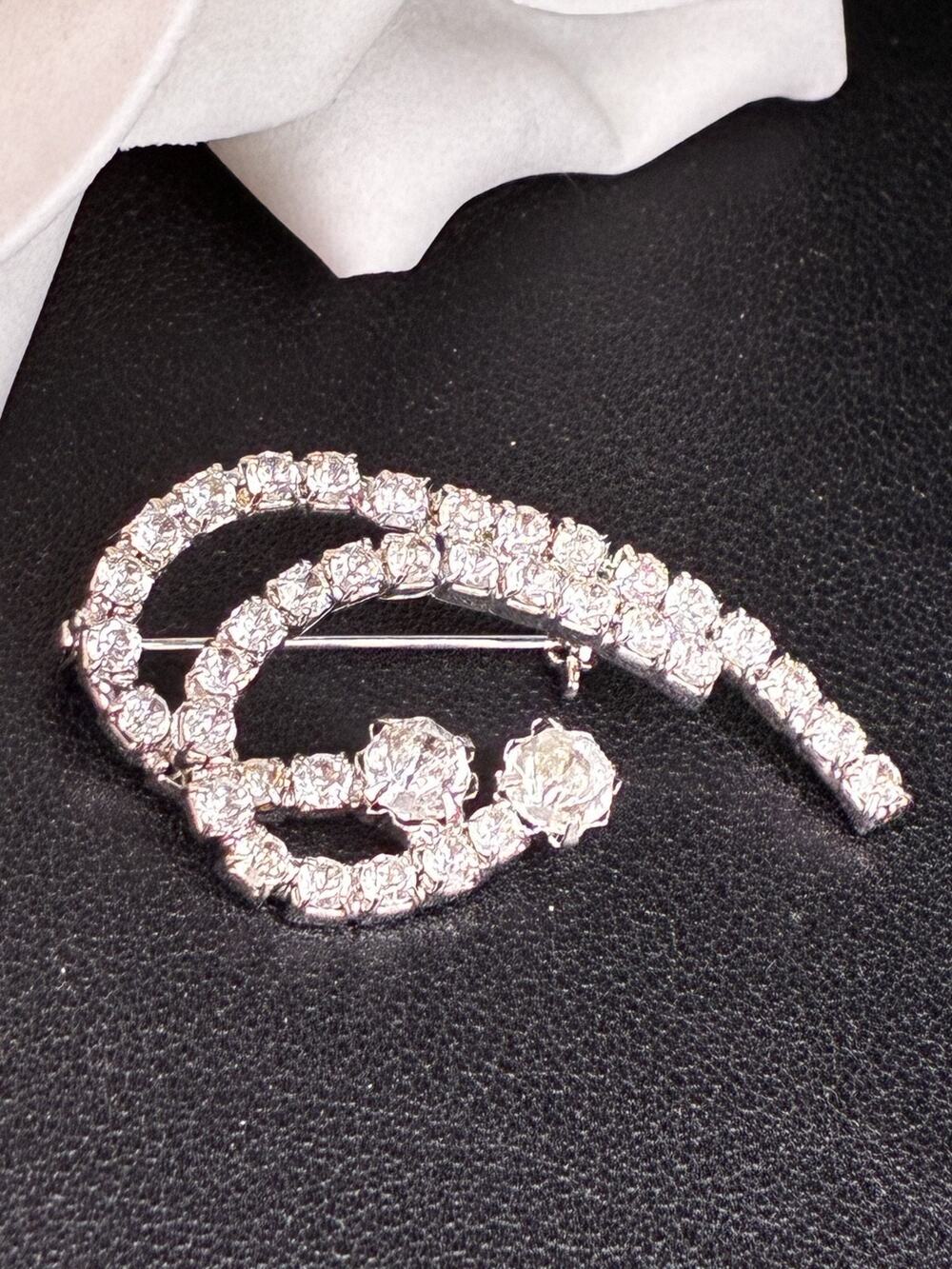 Vintage 1950s Rhinestone Brooch Clear Crystal Swirl Spray Silver Tone Pin